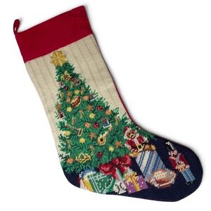 Lillian Vernon Needlepoint Christmas Stocking 20in Tree Bear Nutcracker Velvet